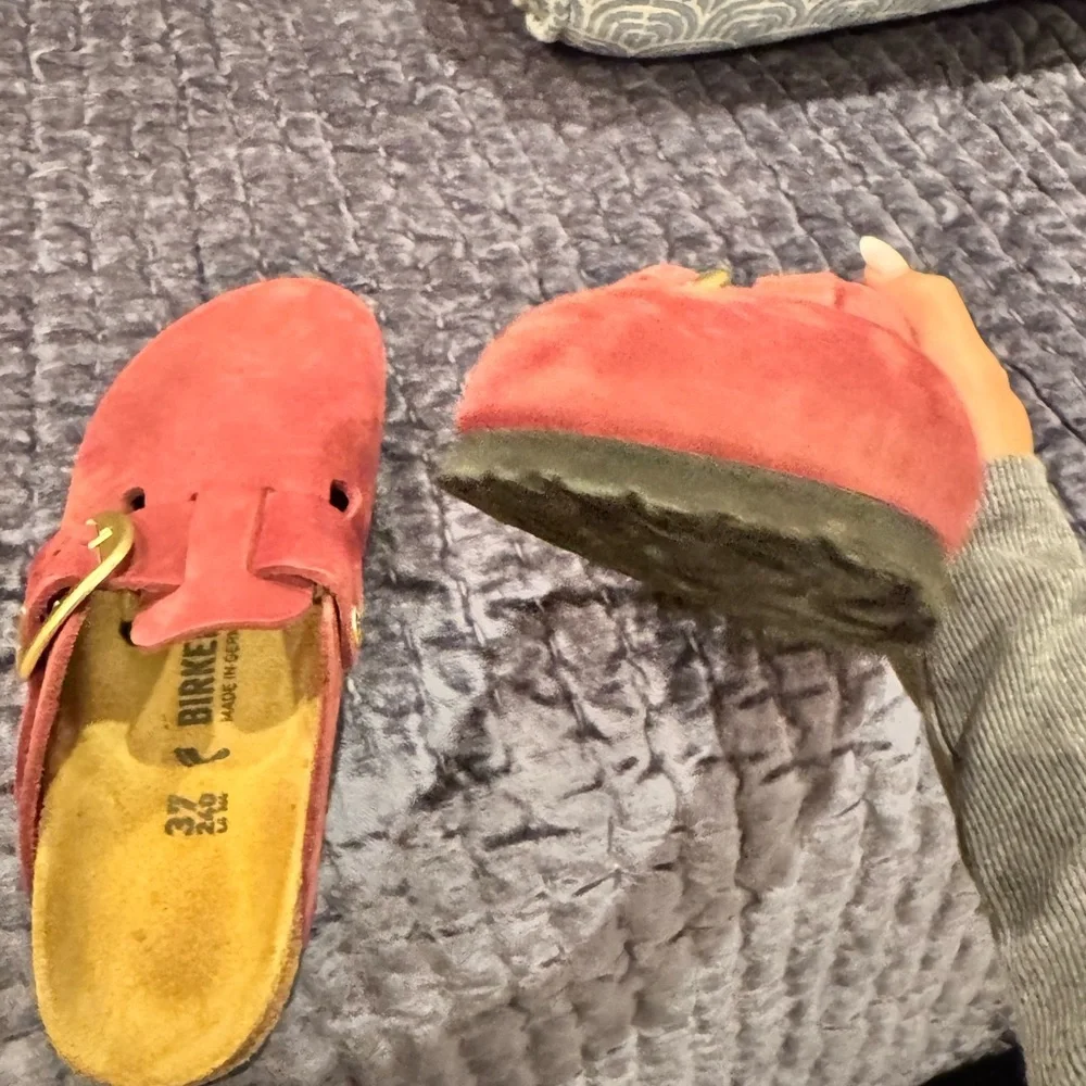 Birkenstock Maroon Suede Boston Clogs with Gold Buckle - Picture 5 of 6